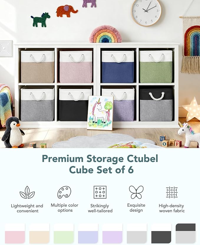 12x12 Storage Cube Bins, 6 Pack Reinforced Bottom Cardboard Foldable Box, Organizer for Closet Shelves, Heavy Home Storage Baskets (Black Gray)