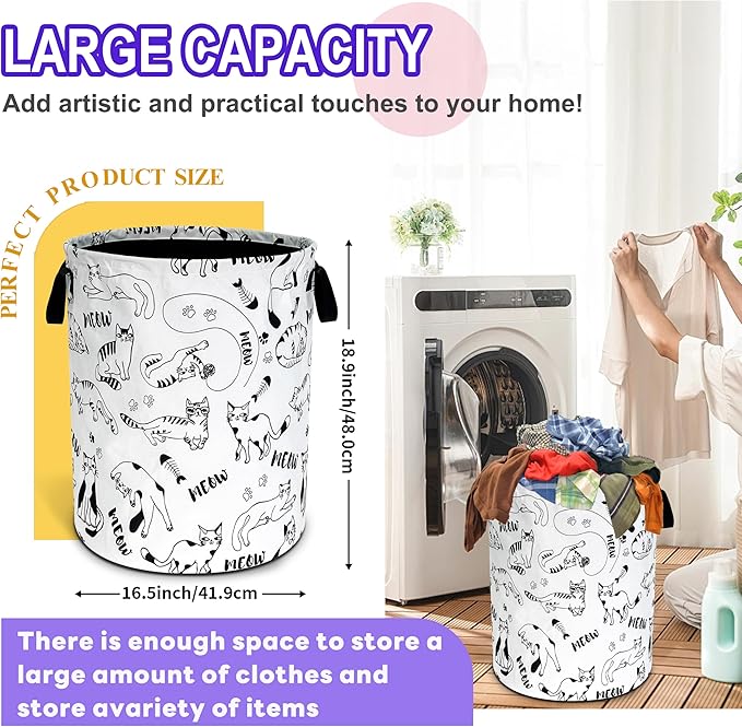 Cute Cat Laundry Basket Oxford Cloth Meow Pet Laundry Hamper Funny With Handle Foldable Portable Clothes Storage Basket 18.9 X 16.5 Inch Storage Bag For Laundry Room/Bathroom/Bedroom/Dormitories