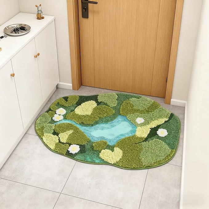 3D Moss Bath Mat - Ultra Thick & Soft, Water Absorbent, Non-Slip Bathroom Rug for Shower Floor, Bedroom Decor | Moss Green, Oval (24"x43")