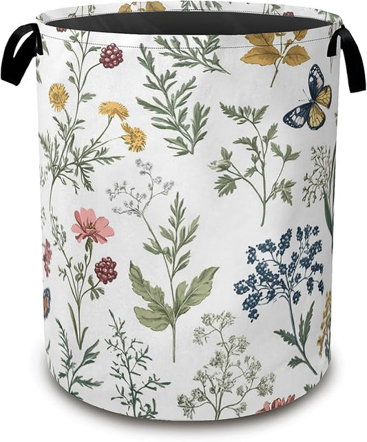 Beautiful Floral Laundry Hamper,Collapsible Laundry Baskets,Flowers Butterfly Dirty Clothes Baskets with Handles,Oxford Cloth Hamper for Bedroom,Bathroom,College Dorms,16"x20"