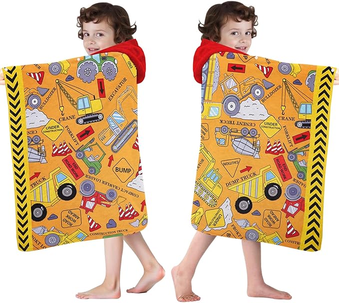Hooded Beach Towels for Kids - Ultra Soft 100% Cotton Excavator Toddler Hood Bath Towels/Pool Terry Towel Beach Poncho Wrap Absorbent Cute Bath & Swim Wrap Gift for Boys & Girls 3-10 Years - Yellow