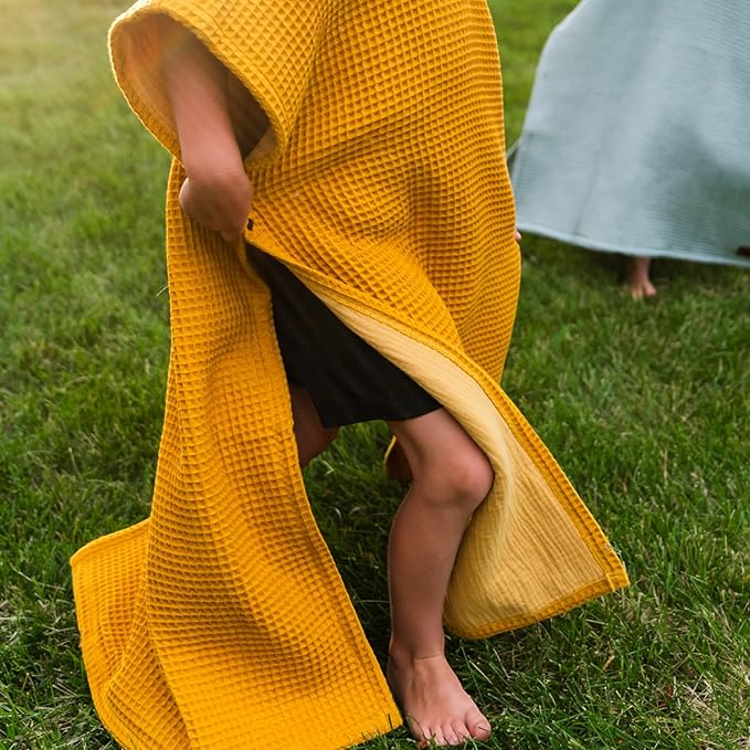 Jade&Kai Hooded Towel for Kids | Snaps into a Poncho | Organic Cotton Waffle | Lightweight and Absorbent | Bath, Beach, and Pool | Multiple Colors | (Medium (3-6 Yrs), Mustard Seed)