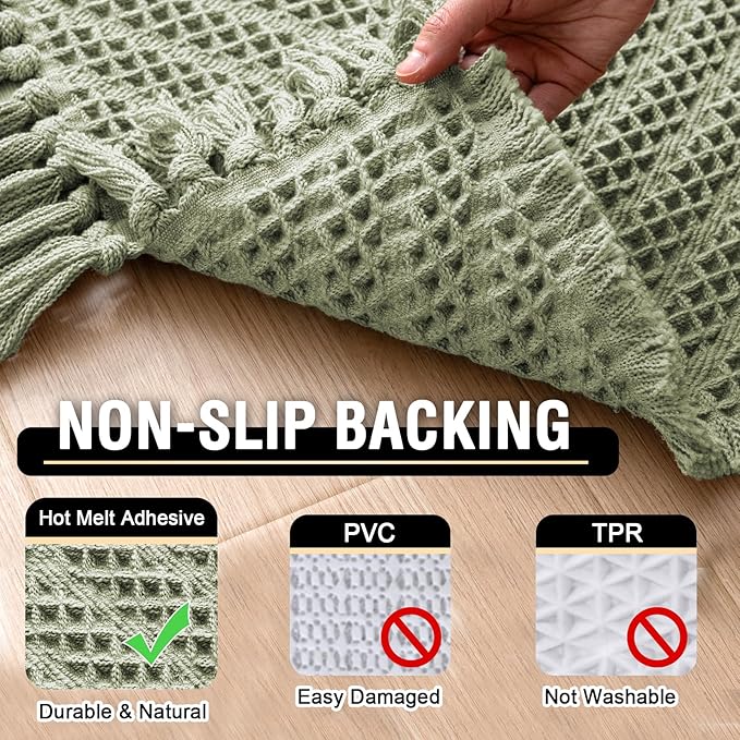 H.VERSAILTEX Waffle Bath Mat Super Absorbent Boho Bath Mat Non Slip Bath Rugs for Bathroom Floor Machine Washable Dry Fast Bathroom Rugs with Tassels (20 x 32 Plus 17 x 24 Inches, Sage)