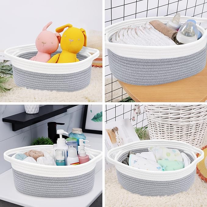 ABenkle Small Basket, 12"x 8" x 5" Cute Small Woven Basket, Rope Room Shelf Storage Basket, Cat Dog Toys Basket Chest Box, Decorative Empty Gift Basket with Handles - Grey