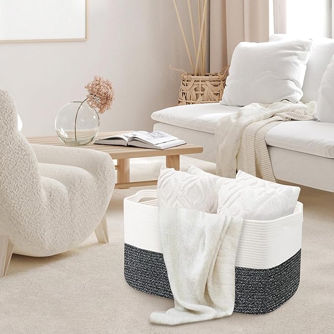 Extra Large Toy Box, 22" x 17" x 12" Rectangle Blanket Basket Living Room, Woven Cotton Rope Baskets for Storage, Soft Toy Storage Organizer Bin Chest, Kids Toy Box fo Living Room