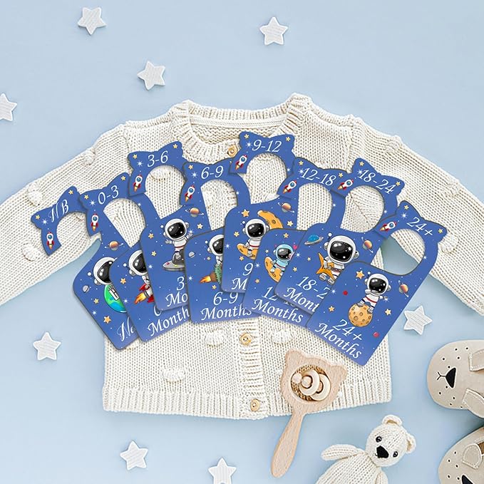 Baby Closet Dividers for Clothes Organizer - Set of 8 Wooden Double-Sided Blue Baby Clothes Size Hanger Organizer from Newborn to 24 Months for Daycare Wardrobe, Boy Nursery Decor