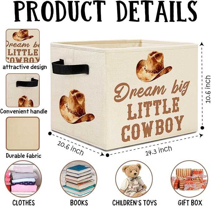 Western Cowboy Nursery Storage Bins Box with Handles, Dream Big Little Cowboy Country Western Laundry Basket Hamper Collapsible Clothes Toys Organizer for Kids Boys Bedroom Bathroom