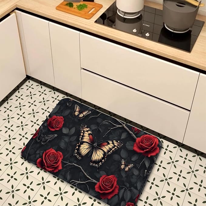 Gothic Butterfly Bathroom Rugs, Non Slip Quick Dry Red Rose Flower Bath Mats for Bathroom, Super Absorbent Diatomaceous Bathmat for Home Kitchen Thin Floor Doormat 17 X 29.5 Inch