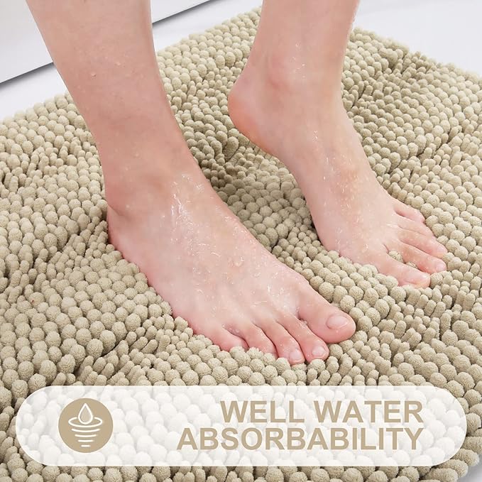 Grandaily Chenille Striped Bathroom Rugs 59x24, Extra Thick and Absorbent Bath Mats, Non-Slip Soft Plush Shaggy Shower Carpet, Machine Wash Dry, Bath Rug for Bathroom, Beige