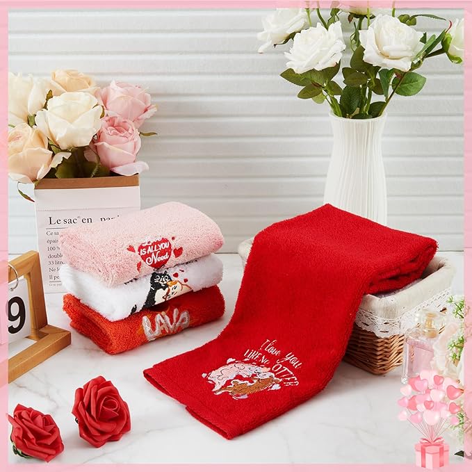 4 Pcs Valentine's Hand Towels Set for Bathroom Kitchen Valentine's Couple Gift 29" x 13" Romantic Funny Animal Embroidered Bath Towel Absorbent Cleaning Cooking for Anniversary Wedding