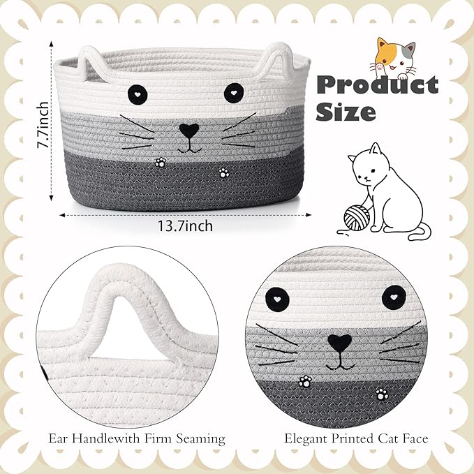 Zopeal Cat Basket Storage Woven Organizer with Ears Christmas Decorative Pet Toy Cute Cotton Rope Basket for Gift Cat Dog Toy Bin Nursery Room(13.7 x 7.8 Inch,White, Light Gray, Dark Gray)