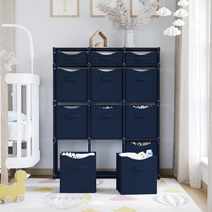 12 Cube Storage Organizer With Bins Included - Closet Storage With 12 Storage Bins - Easy To Assemble Storage Unit With Drawers - Closet Organization For Clothes, Bedroom, Nursery, & Toys (Navy)