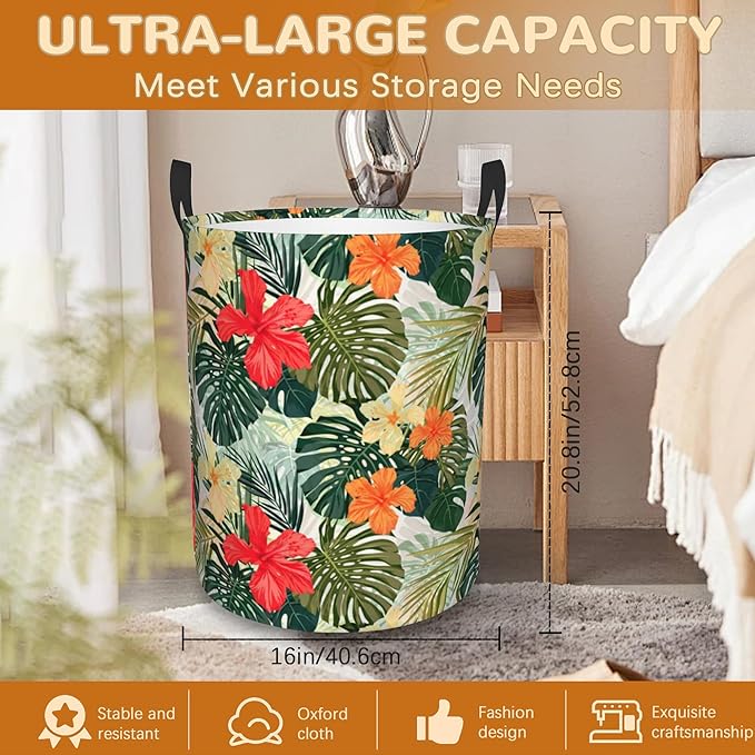 Tropical Palm Leaves Large Storage Basket,Hibiscus Flowers Laundry Hamper/Bathroom/Home Decor/Collapsible Round Storage Bin,Boys Girls Dirty Clothes Hamper/Boxes/Toys Storage 16x20 Inch