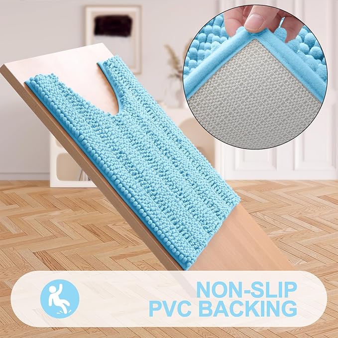 Grandaily Chenille Striped Toilet Rugs U-Shaped 24x20, Extra Soft and Absorbent Bathroom Rugs, Non-Slip Plush Shaggy Bath Rug, Machine Washable Contour Bath Mats for Toilet Base, Blue