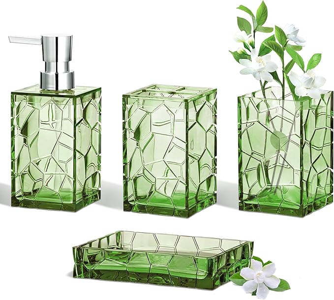 HBlife Bathroom Accessories Set, Sage Green Acrylic Bathroom Counter Set with Toothbrush Holder, Soap Dispenser, Tumbler, Soap Dish, Boho Modern Bathroom Accessories Decor, Ideal Gift Choice