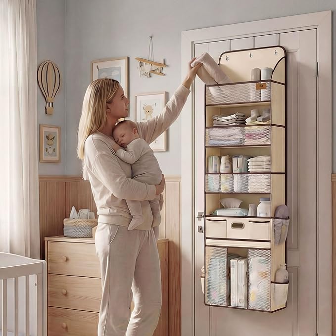 Over The Door Organizer with Large Capacity Diaper Storage & Mesh Window,for Baby Essentials & Nursery, 55lbs Hanging Storage for Closet, Bathroom, Bedroom, Dorm -12 Pockets