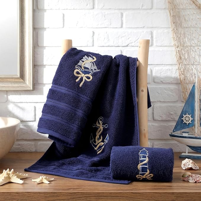 3 Pack Coastal Nautical Hand Towels for Bathroom 100% Cotton Embroidered Anchor Sailboat Lighthouse Beach Bathroom Towels 13.78 x 29.53 Inch Soft Absorbent, Navy Blue