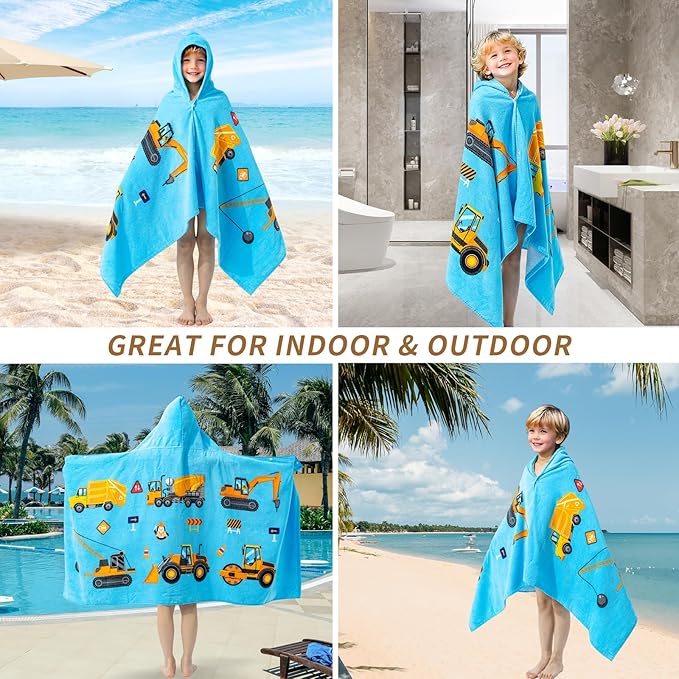 Gealaek 100% Cotton Hooded Towel for Toddlers 5-12 Years Boys Girls 60"x30" Extra Large Wearable Wrap Kids Bath Pool Beach Towel Soft Absorbent Beach Poncho(Construction Site XL)