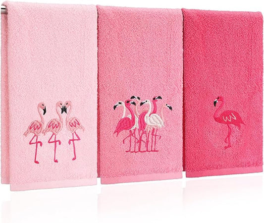 3 Pack Pink Flamingo Hand Towels for Bathroom 100% Cotton Embroidered Beach Bathroom Towels 13.78 x 29.53 Inch Soft Absorbent (Pink, Flamingo)