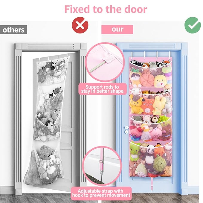 Hanging Stuffed Animal Storage, Over Door Large Plush Toy Organizer with Metal Hook, Baby Accessory Holder Idea for Nursery, Doll & Bear Mesh Hammock Bag for Girl Boy Kid Room