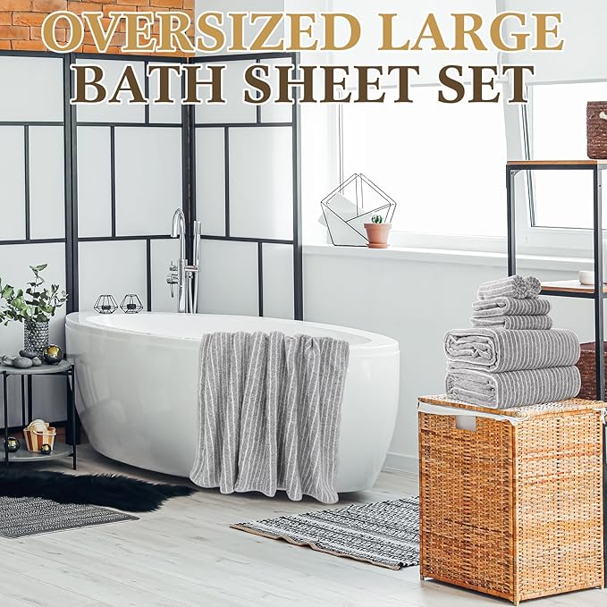 6 Pcs Oversized Bath Towels for Adults 35x70 Inches Gray & White Striped Extra Large Bath Towel Sets Bathroom Sheets Jumbo Shower Towels Quick Absorbent Soft Microfiber for Women Men