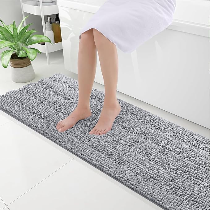 Grandaily Chenille Striped Bathroom Rugs 59x20, Extra Thick and Absorbent Bath Mats, Non-Slip Soft Plush Shaggy Shower Carpet, Machine Wash Dry, Bath Rug for Bathroom, Light Grey
