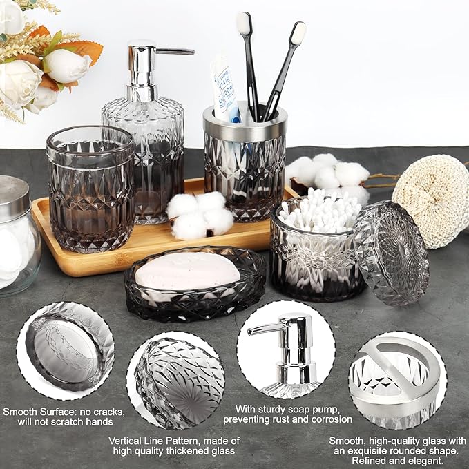 5-Piece Bathroom Accessory Set, Diamond Glass Bathroom Soap Lotion Dispenser, Toothbrush Holder, Tray, Jar, Tumbler, Luxury Vanity Organizer, Elegant Home Decor