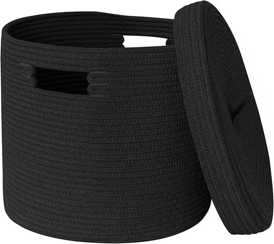 Large Basket with Lid, 18” x 14” Lidded Blanket Storage for Living Room, Black Woven Baskets for Storage, Nursery Kids Cotton Rope Toy Bin with Cover, Wicker Laundry Basket, Pillow Holder
