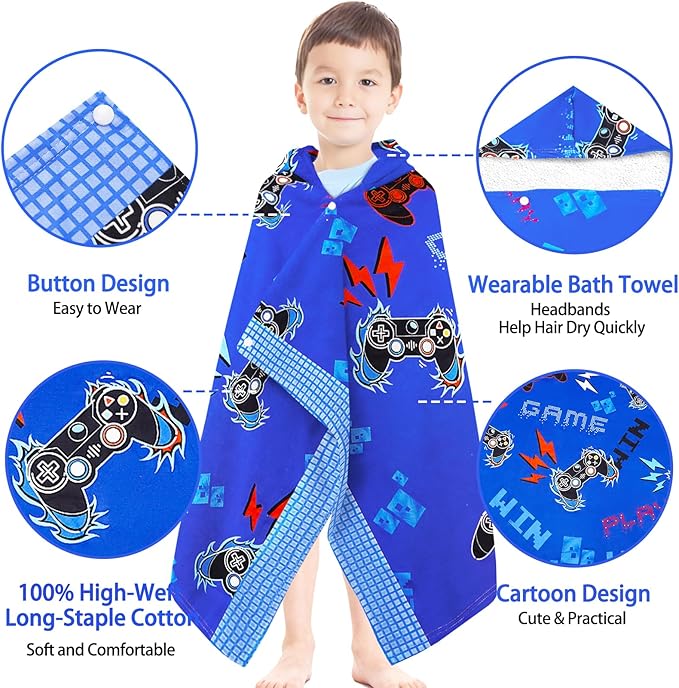 Hooded Beach Towel for Kids 3-10 Years- Soft Thick Cotton Video Gaming Gamepad Toddler Hood Bath Towels/Pool Terry Towel Poncho Wrap Absorbent Cute Bath & Swim Wrap for Boys & Girls-Blue
