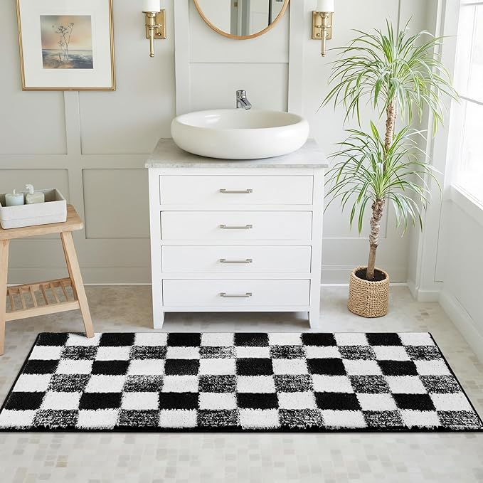 GRANNY SAYS Checkered Black Bathroom Rugs, 48" x 24", Non-Slip Bath Mats for Bathroom, Plush Shag Absorbent Microfiber Ultra Soft Bath Mat, Cute Washable Rug for Tub, Shower, Bedroom