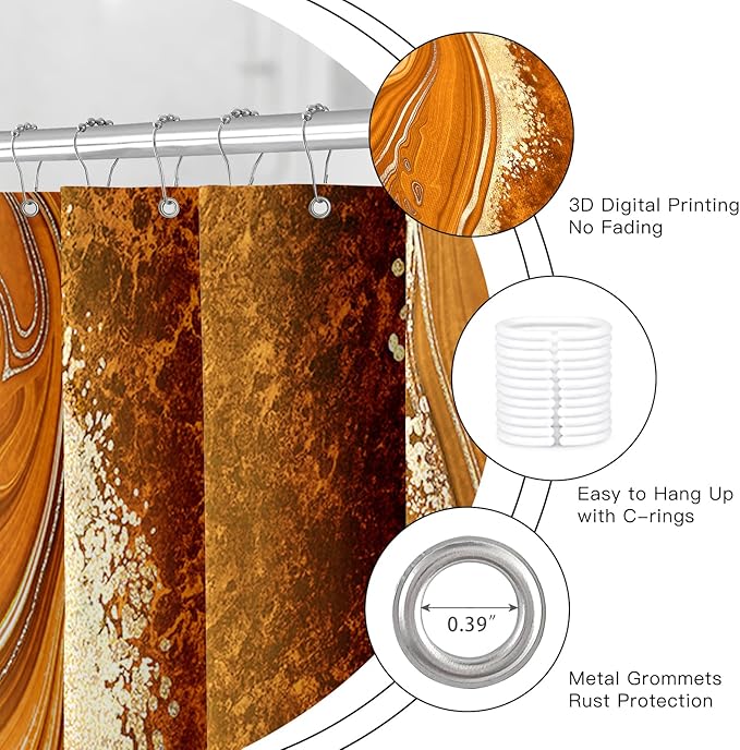 4PCS Orange Marble Bathroom Sets with Shower Curtain and Rugs, Abstract Gold Shower Curtain Sets with Rugs for Bathroom, Modern Bathroom Curtains Shower Set with Toilet Lid Cover Accessories