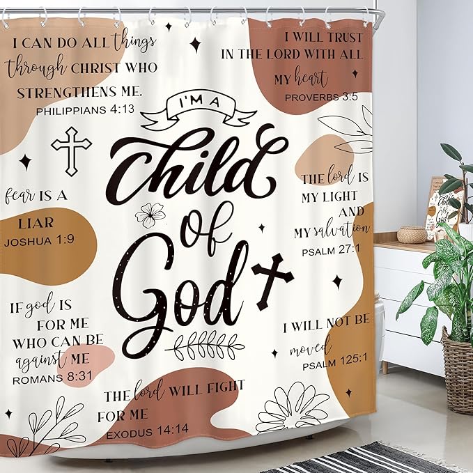 Homewelle Brown Abstract Bible Verses Shower Curtain Scripture Christian Boho Mid Century Inspirational Quotes 60Wx72H Inch Minimalist Geometric Plant Waterproof Polyester Fabric Bathroom Bathtub