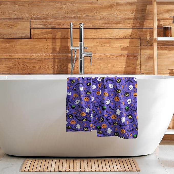 Halloween Spooky Bat Pumpkin Hand Towel Set of 2 Soft Absorbent Funny Halloween Scary Purple Spiderwebs Tea Towels Baking Cooking Wash Cloth for Bathroom Kitchen Bar Beach Gym Spa Decor 14x28 Inch