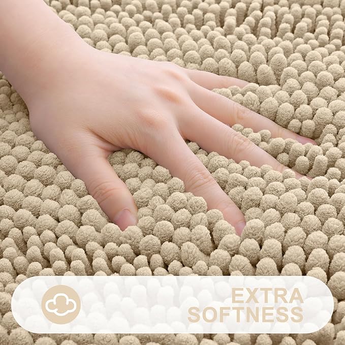 Grandaily Chenille Striped Bathroom Rugs 70x24, Extra Thick and Absorbent Bath Mats, Non-Slip Soft Plush Shaggy Shower Carpet, Machine Wash Dry, Bath Rug for Bathroom, Beige