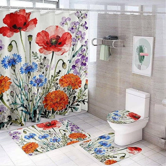 4 Piece Bathroom Rug Set with Shower Curtain, Non-Slip Bath Mat Toilet Cover Set, Wisteria Cascade Bathroom Rug Sets