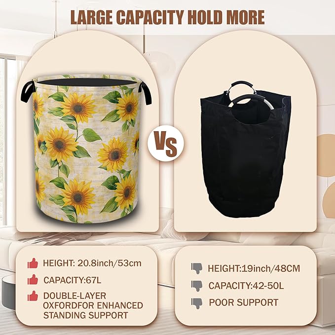 Vintage Sunflowers Laundry Hamper,Yellow Floral Collapsible Laundry Baskets Waterproof Oxford Cloth With Handles,Clothes Storage Bucket Toy Organizer For Bathroom/Nursery/Bedroom 16" x 20.8"
