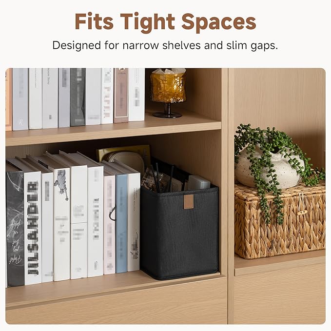 StorageWorks Narrow Storage Basket, Narrow Baskets for Shelves, Fabric Storage Bins with PU Handle, Perfect for Clothes, Underwear, Books, Socks, Black, 4-Pack