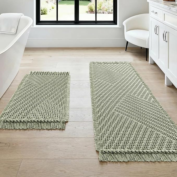 H.VERSAILTEX Waffle Bath Mat Super Absorbent Boho Bath Mat Non Slip Bath Rugs for Bathroom Floor Machine Washable Dry Fast Bathroom Rugs with Tassels (47 x 17 Plus 17 x 24 Inches, Sage)