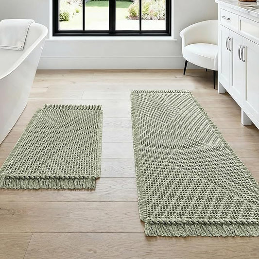 H.VERSAILTEX Waffle Bath Mat Super Absorbent Boho Bath Mat Non Slip Bath Rugs for Bathroom Floor Machine Washable Dry Fast Bathroom Rugs with Tassels (47 x 17 Plus 17 x 24 Inches, Sage)