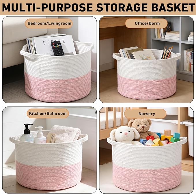 65L Large Blanket Basket,19.7" L x 19.7" W x 13" H Rope Woven Baskets with Handles, Toys Storage Bins,Laundry Basket Perfect for Living Room, Nursery,Bedroom,Home Organization,White&Pink