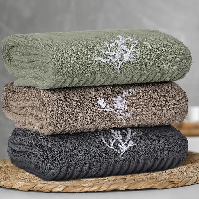 3 Pcs Boho Botanical Hand Towels Bathroom Decor Retro Embroidered Minimalist Nature Floral Boho Decorative Towels for Bathroom Kitchen Decor, 100% Cotton, 13.3 x 29.5''