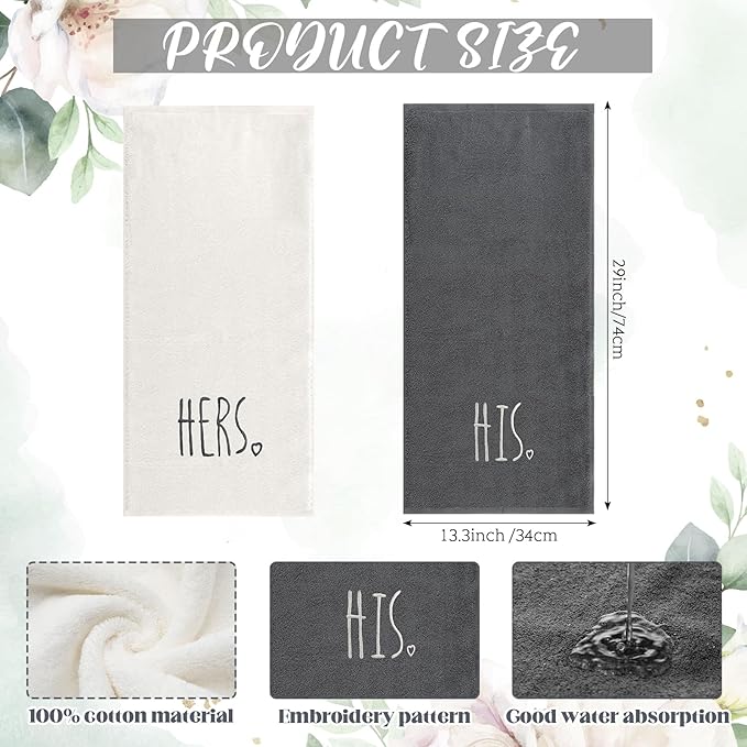 2 Pcs His and Hers Hand Towels 100% Cotton Embroidered Bathroom Towel Wedding Gift for Valentine's Day Couple, Anniversary Bathroom Decor, 29 x 13 Inch