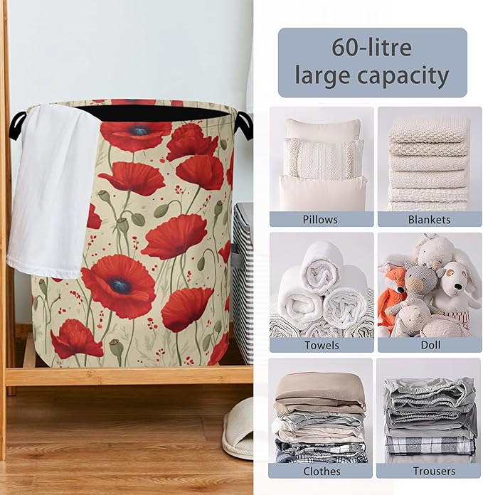 Vintage Poppy Flower Laundry Basket,Oxford Cloth Laundry Hamper with Handle Foldable Portable Clothes Storage Basket for Bathroom Bedroom Dorm Room 16" x 20.8"