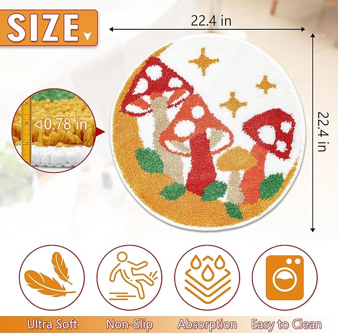 Hexagram Mushroom Rug, Cottagecore Mushroom Decor for Home Gifts, Colorful Round Small Cute Bathroom Rug 22.4×22.4 Inch, Non Slip Washable Soft Fun Bath Mat for Bathtub, Shower Room, Bedroom, Door