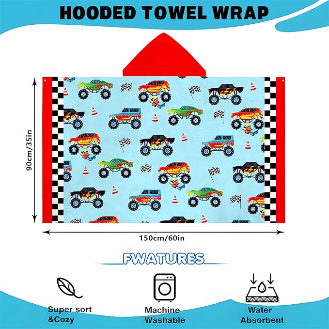 Hooded Towels for Kids -Monster Toddler Beach Towel- Super Absorbent & Quick Dry 100% Cotton 35x60 Inch - to Kid Ages 3-12-Truck Cars Swim Towels