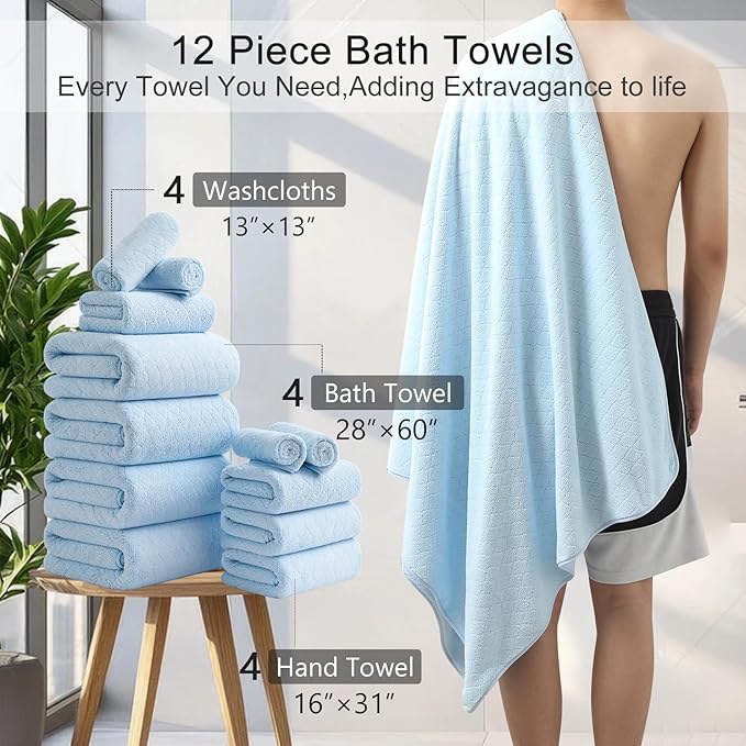 Hailea Luxury Bath Towels Set - 12 Piece (4 Large Bath Towels,4 Hand Towels,4 Washcloths), 100% Microfiber,Extra Absorbent Super Soft & Quick Dry,Complete Family Pack for Bathroom Gym Pool,Blue