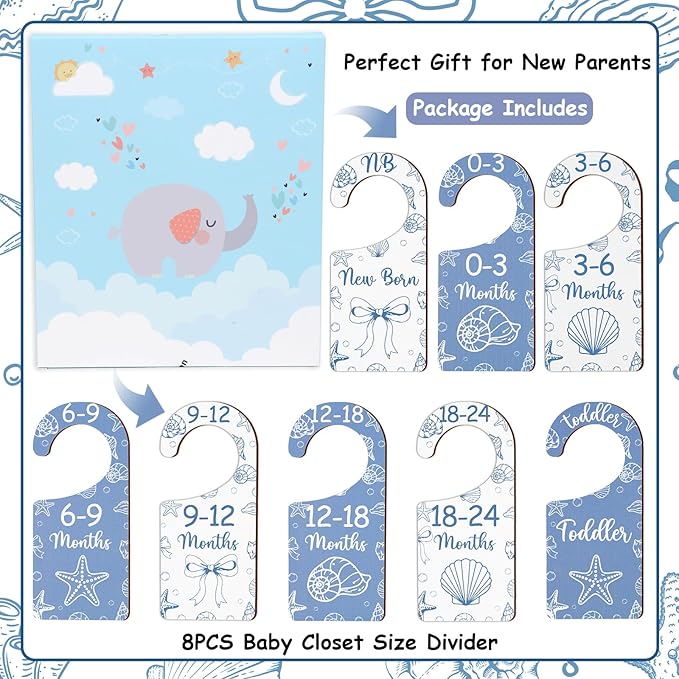 Baby Closet Dividers 8PCS, Blue Shell & Bows Themed Wooden Double-Sided Clothes Size Hanger/Organizer from Newborn to Toddler for Nursery Decor Baby Shower Birthday Party Gift