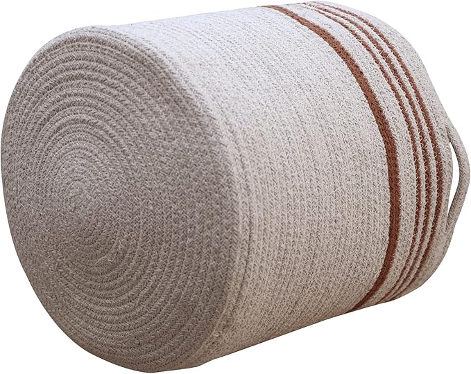 Lorena Canals Basket TWIN for kids' room in Toffee/Natural color. Handmade by artisans in Natural Cotton and Non-Toxic Dyes-Size: 1' x Ø 1'
