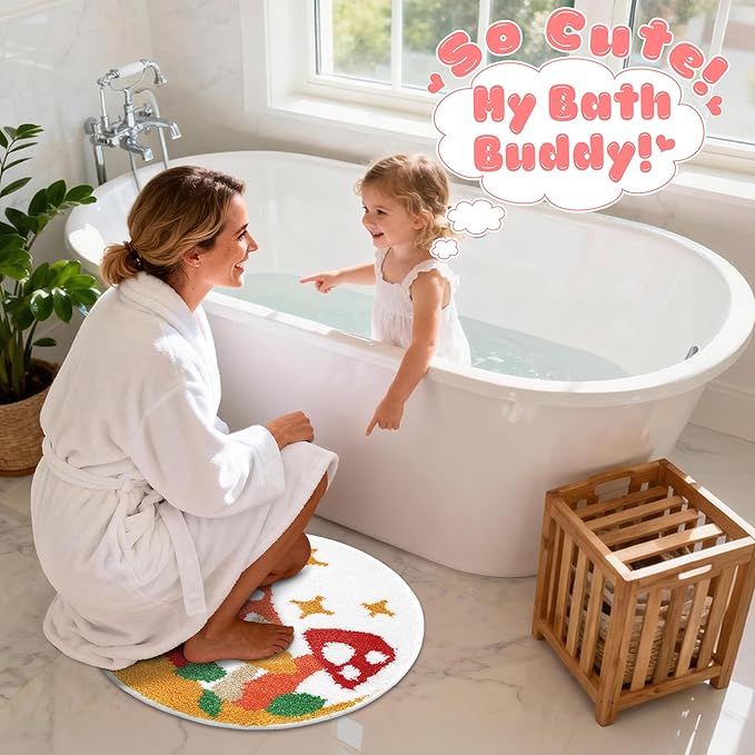 Hexagram Mushroom Rug, Cottagecore Mushroom Decor for Home Gifts, Colorful Round Small Cute Bathroom Rug 22.4×22.4 Inch, Non Slip Washable Soft Fun Bath Mat for Bathtub, Shower Room, Bedroom, Door