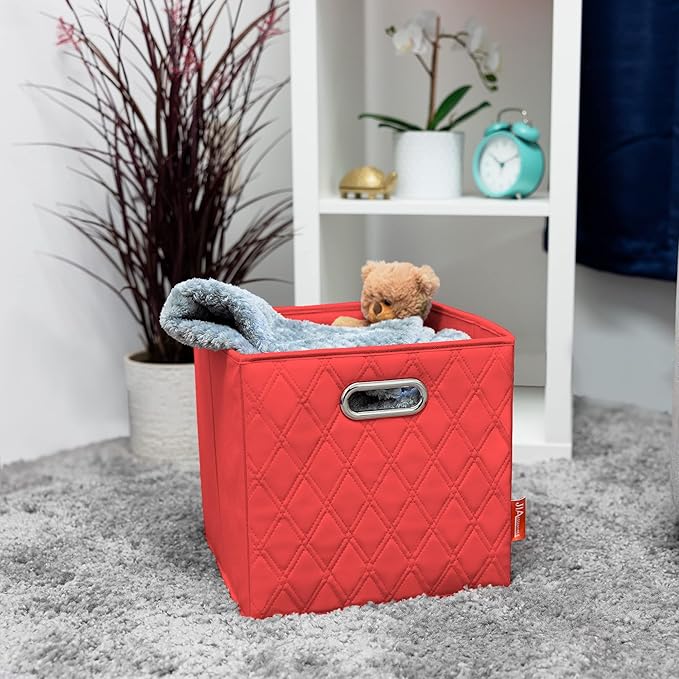 FH Group JIAessentials 12" Faux Leather Foldable Storage Cube Bins Set of 2 – Red Diamond Patterned Organizers with Handles for Closet & Shelves